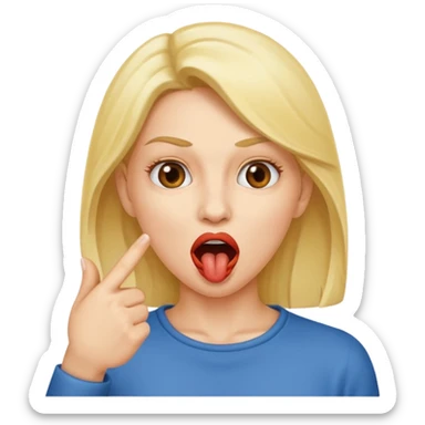 A woman pointing at her mouth with mouth open to indicate hungry sticker