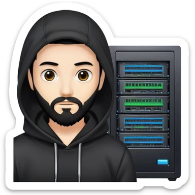 hackeur blanc cheveux noir barbe et capuche noir à côté d'un server ia sticker