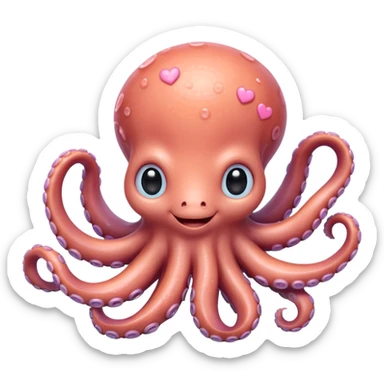 extremely cute, detailed octopus, shiny plastic look, tiny arms, huge sparkling eyes with highlights, charming smile, rosy cheeks, fine tentacle texture, soft pastel colors with bright accents, small accessories like hearts, detailed shading sticker
