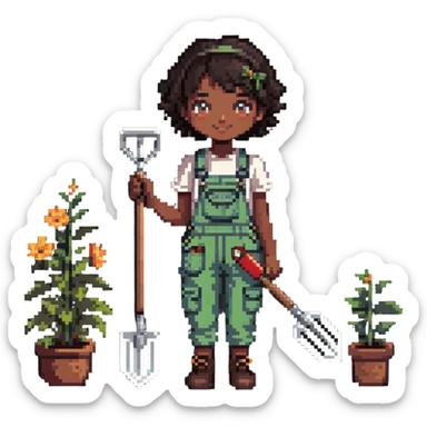 Beautiful brown skin girl with dark short hair wear garden overalls holding garden tools sticker