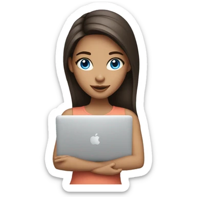 A brunette girl, blue eyes, works on a MacBook sticker