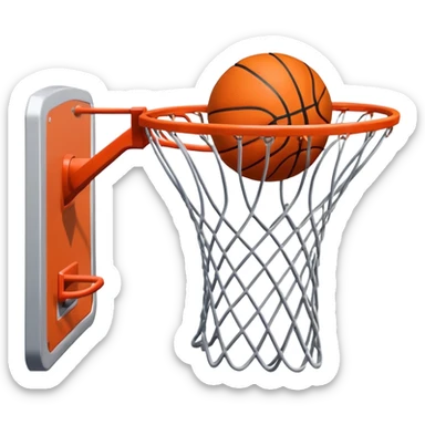 A close-up of a basketball shield and hoop with the ball swishing through the net, captured mid-air. The background emphasizes the tension and excitement of the moment, with the rim and net in sharp focus, showcasing the precision and skill of the sport. sticker