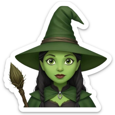 elphaba the wicked witch from wicked movie (cynthia erivo) dark long textured hair, thick lips, green skins, witch hat, witch broom sticker