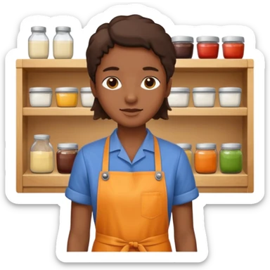 a single 2D line-drawn character + small bright shop sticker