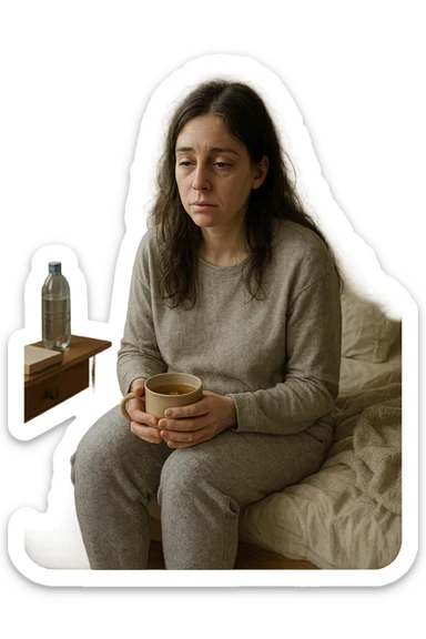 A realistic, cinematic illustration of a woman in her early 30s with a tired, pale appearance, sitting on the edge of her bed in a softly lit bedroom during the morning, looking exhausted and drained. Her posture is slightly slouched, and dark circles are visible under her eyes. She wears comfortable loungewear, holding a warm cup of herbal tea in her hands, seeking comfort. The scene includes a cozy yet slightly messy room with a blanket, a water bottle, and a book on the nightstand, emphasizing chronic fatigue. Soft natural light comes through the window, highlighting her expression of persistent tiredness despite rest, capturing the invisible struggle of chronic fatigue syndrome while maintaining dignity and a gentle aesthetic. sticker
