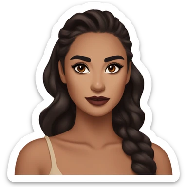 Maddy Perez euphoria show: warm brown eyes, bold black eyeliner, dark arched brows, full nude-berry lips, bronzed skin, high cheekbones, sleek dark brown long hair in waves/ponytail, rhinestones makeup

 sticker