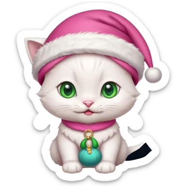 Cute Happy White kitten with green eyes wearing pink Santa hat and pink Santa clothes sticker