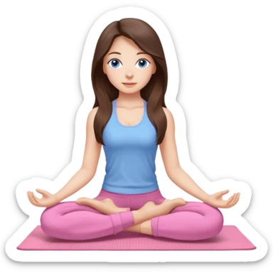 Brunette long hair and blue blue eyes yoga beautiful girl in light   pink clothes sitting on a yoga mat sticker