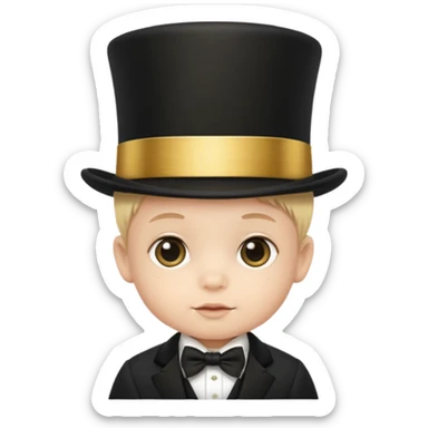 a baby in a black top hat with a gold stripe sticker