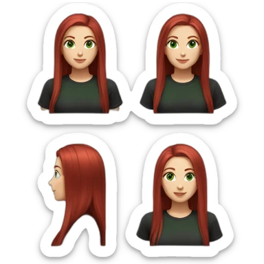 woman, long straight ruby hair, white skin, green eyes, black tshirt sticker