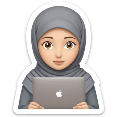 A girl wearing a gray hijab and with hazel eyes is carrying a laptop, not a laptop, just a regular laptop. Not mat bock  sticker