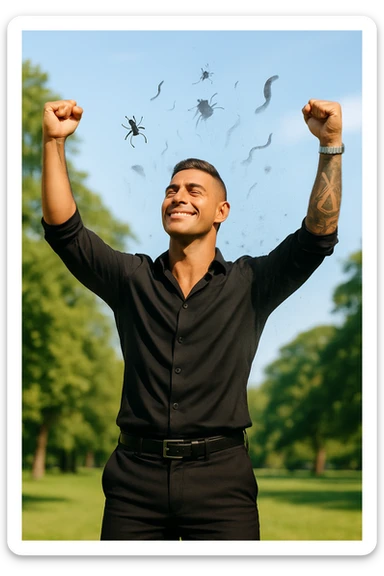 a man stands outdoors in bright sunlight, arms raised in relief and joy, while faint, shadowy silhouettes of parasites fall away from his body and dissolve into the air. His posture is upright and energetic, his expression serene and healthy. The background features green trees and a clear sky, emphasizing liberation and restored well-being. sticker