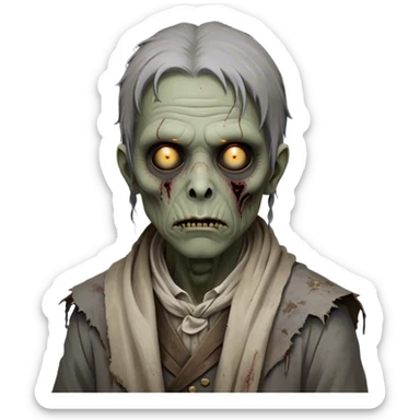 Cinematic Noble Zombie Portrait Emoji, Surprisingly dignified and somber, with a decaying yet strangely regal visage in ashen grays and muted tones, draped in tattered attire hinting at a lost grandeur, simplified yet meticulously detailed, glowing with a soft, eerie radiance and a gentle outline that evokes the tragic nobility of the undead! sticker