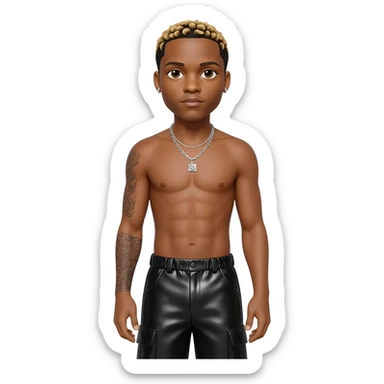 Chris Brown with dark blonde hair, black metallic baggy pants, shirtless with necklace sticker