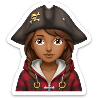 A woman that has brown hair and it wearing a pirate hat. She has a plaid hoodie on sticker