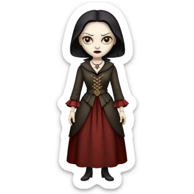 Pitonisa: mujer entre unos 40 y 50 años, cara de mala, malas intenciones, cara un poco deforme tipo bruja, y ropa antigua. cuerpo entero sticker