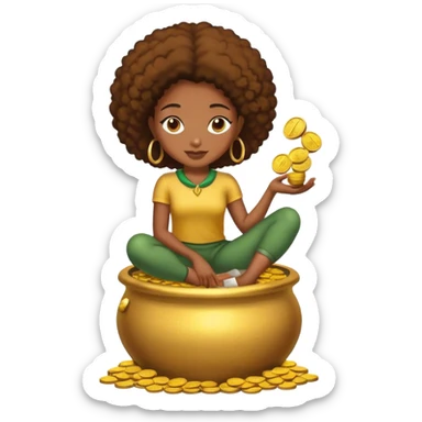 black woman sitting on a pot of gold coins sticker