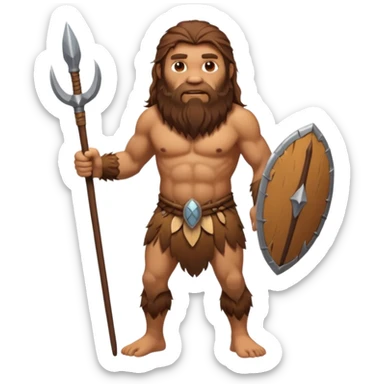 fullbody hairy Neanderthal with long hair and long beard holding a spear sticker