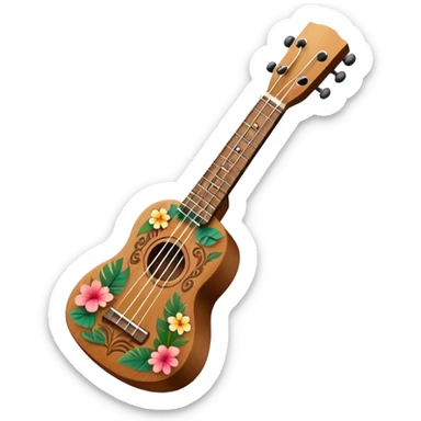 Ukulele with Polynesian carvings with flowers behind it sticker