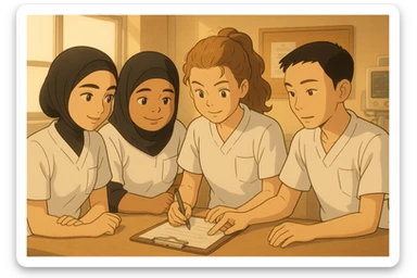 Four nursing students in Ghibli style, collaborating and interacting indoors. Wearing short-sleeved white uniforms with V-neck medical tunics, left chest pocket, no collar stand, no stethoscopes, bare forearms, long hair tied back for those who have it. Inspired by the four people in the reference photos. Warm and professional scene. sticker