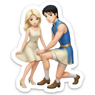prince, upright, black Hair, blue eyes, Woman, blonde Hair, Green eyes, bending knee, sleveless White Dress, sticker