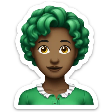 Imagem mostra mulher com blusa verde e babados, cabelo ondulado e colar. Fundo externo com vegetação e móveis brancos.

 sticker