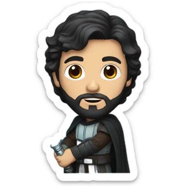 A white Portuguese with black and medium-length hair and a beard holding a lightsaber sticker