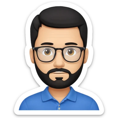 A tanned bearded man with black hair wearing glasses and a blue polo sticker