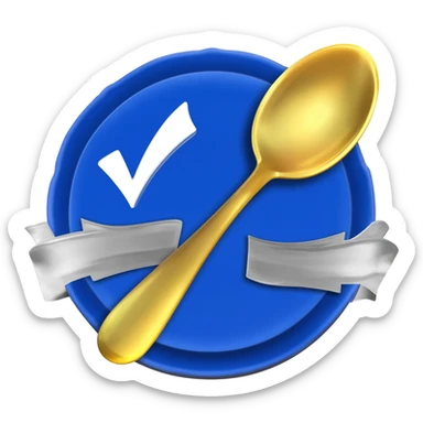 Create a small emoji of a Blue verification badge with ribbons, gold spoon centered on badge sticker