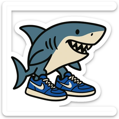 flat toon style shark wearing blue Nike sneakers, bold colors sticker
