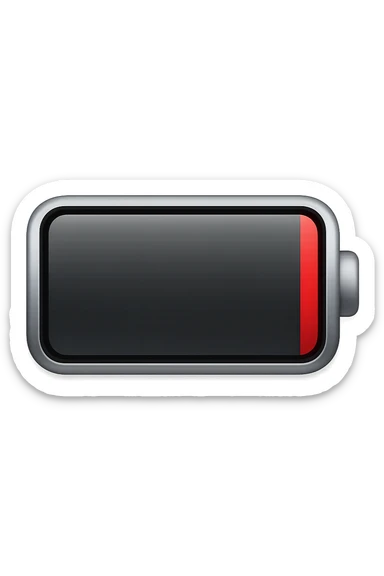 iPhone-style emoji of a battery that is almost empty, with a red bar at the end indicating low energy. Clean, minimal, glossy look, transparent background. sticker