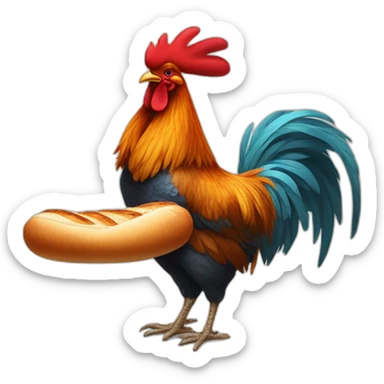 Rooster hanging a baguette under his wing and a glass of xine under the other wing sticker