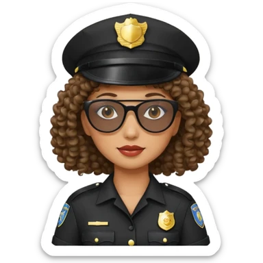woman police wearing black dress with sun glasses curly hair and hat sticker
