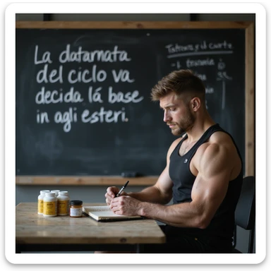 realistic young bodybuilder in sportswear taking notes in a notebook while looking at a blackboard with Italian text 'La durata del ciclo va decisa in base agli esteri', testosterone boxes next to him, learning atmosphere, gym background, 4K quality sticker