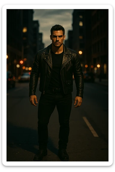 A confident, strong man standing in the middle of a city street at dusk, wearing a black leather jacket and boots, sharp jawline, intense gaze. Radiating masculine energy. Cinematic lighting, moody urban background, dramatic shadows, shallow depth of field. 35mm film style sticker