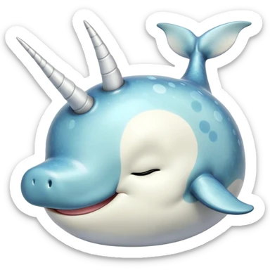 Meme-Worthy Cute Sleeping Narwhal Portrait Emoji, Head resting peacefully with a contented smile, showcasing a streamlined, mottled body with a softly spiraled ivory tusk and eyes gently closed in serene slumber, Simplified yet adorably endearing features, highly detailed, glowing with a soft, drowsy arctic light, high shine, relaxed and utterly lovable, stylized with an air of playful laziness, soft glowing outline, capturing the essence of a sleeping narwhal that feels destined to become the next viral icon of adorable rest! sticker