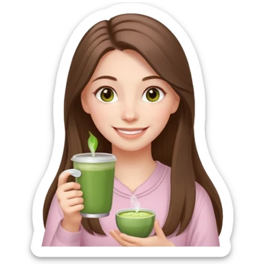 happy white long brunette hair girl with hazel eyes wearing light pink who is holding matcha sticker
