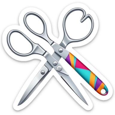 silver scissors cutting colorful fabric sticker