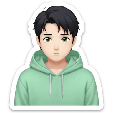 Gorgeous pastel green sweater black hair anime style shojo guy with blushing face and, hoodie, aesthetic, young adult, trending style, outside, vedal987 sticker