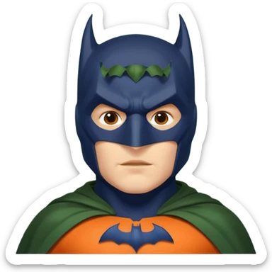 generate a batman emoji with just the face and neck showing and part of the cloak and and wings. Shade the bat logo on the chest in a medium green with a slight olive touch. Shade the mask in dark navy blue. Shade the cloak in a solid vibrant orange.

 sticker