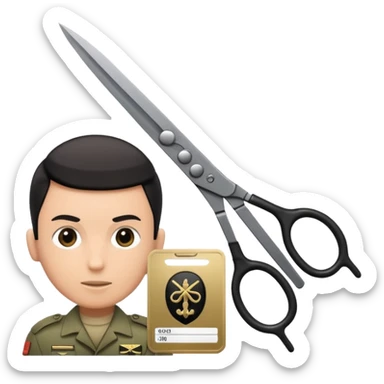 Floating black Scissors cutting an idf soldier ID card in 2 parts .hyper realistic sticker