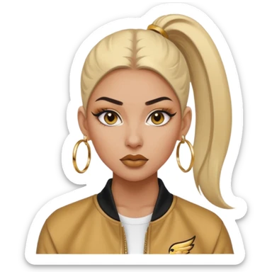 “Emoji girl, fierce confident expression, sharp winged eyeliner, bold brows, matte nude lips, long lashes, sleek high ponytail, wearing gold hoop earrings and sporty streetwear jacket.” sticker