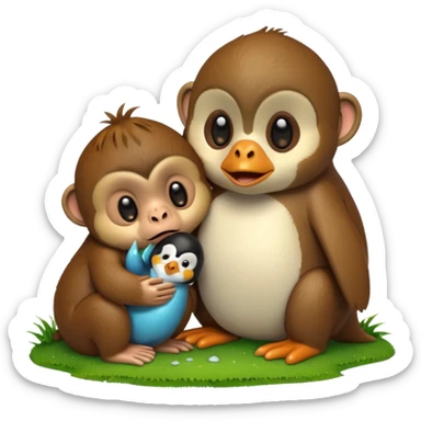 A monkey melting and crying while having a penguin on its head and both of them are touching grass sticker