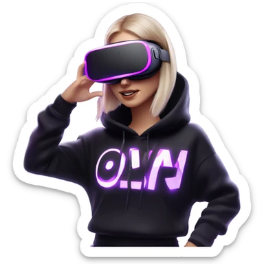Russian girl wearing black hoody with violet letters "OMG", in vr headset oculus quest2. Dancing. Cyberpunk style. Violet neon. sticker