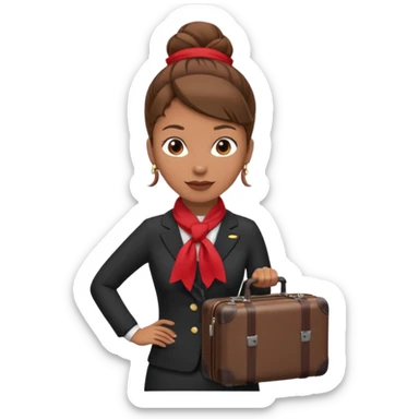 flight attendant, Light Brown skin, brown hair in single bun, neck scarf, suitcase sticker