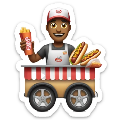 hot dog vendor holding a hot dog in his hand with a hot dog stand in the background with a white background sticker