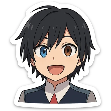 Anime-style emoji combining Hiro from 'Darling in the Franxx', Miamur from 'Horimiya', and Kanata Asai from 'Ovation Moments' sticker