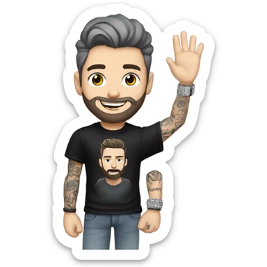 Younger white male with dark brown hair with grey highlights, a beard, and tattoos. He is wearing a diamond coated white gold necklace and a black punk band t-shirt while waving hello sticker