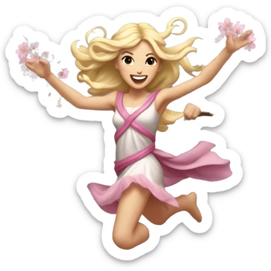 blonde Beltane cherry blossom Pagan goddess sprinting, with a large stride and arms outstretched sticker