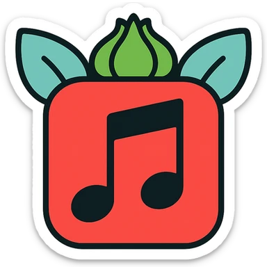 red note app emoji, flat design, bold red, music note symbol with Bulbasaur ears and bulb, minimal app icon sticker